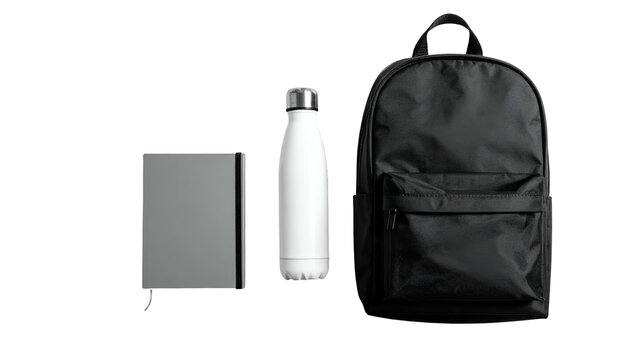 Backpack, water bottle, and notebook against a black background - Powered by Adobe