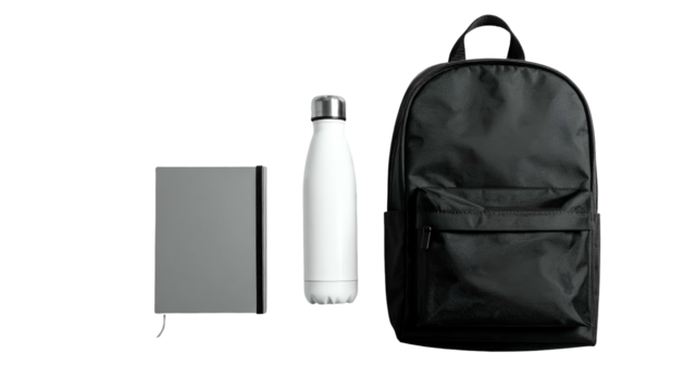 Backpack, water bottle, and notebook against a black background