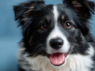 Fototapeta premium A black and white dog with its tongue out looking at the camera