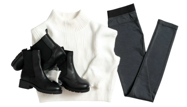 Stylish white sweater, black boots, and dark grey leggings combo