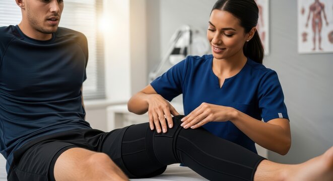 Female hispanic young physiotherapist treating caucasian male adult's knee injury in medical clinic - Powered by Adobe