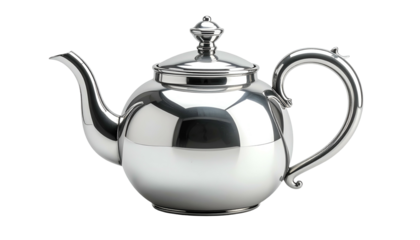 Polished, silver teapot with curved spout and handle on dark background