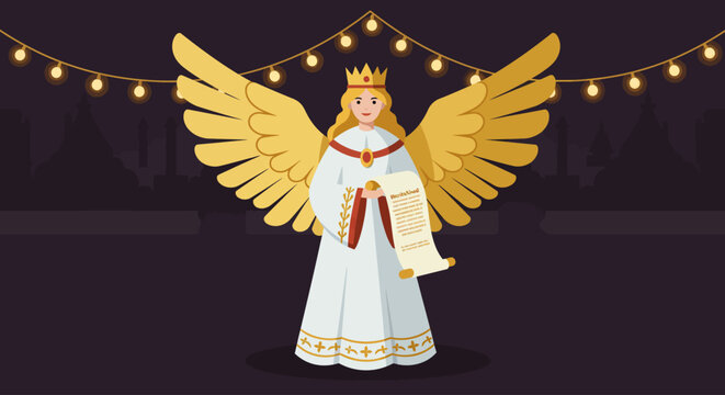 A charming flat design vector illustration portraying the iconic Nuremberg Christkind, a symbolic figure of the Christmas market, depicted with elegant golden wings and a festive presence.