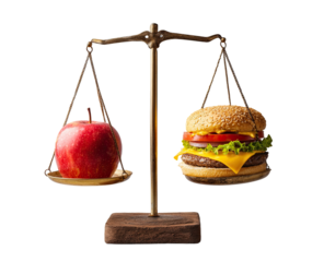 A vintage-style scale balances a red apple against a cheeseburger (1)