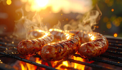 Sizzling Sausage on Grill: A tantalizing close-up showcases perfectly grilled sausages, their surfaces beautifully charred and glistening with savory flavors as they rest atop the hot grill.