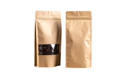 Two vertical brown paper pouches, one with a clear window showing coffee beans