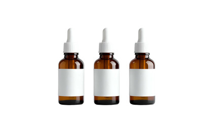 Three brown dropper bottles with white labels and droppers stand against a black background
