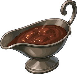 銀のグレイビーボートとカレーのイラスト