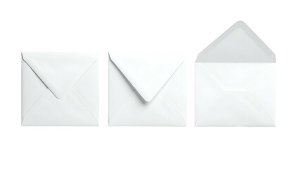 Three white, square envelopes in stages, one closed, one partially, one open
