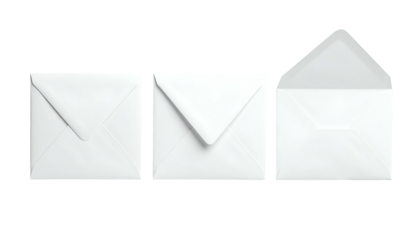 Three white, square envelopes in stages, one closed, one partially, one open