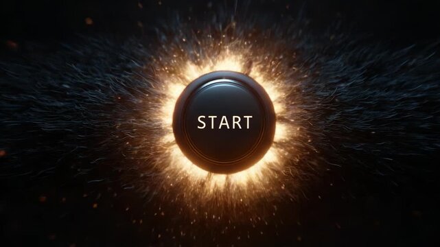 A striking visual representation of a dynamic start button surrounded by an explosive burst of light and particles, symbolizing the initiation of an exciting journey or event.