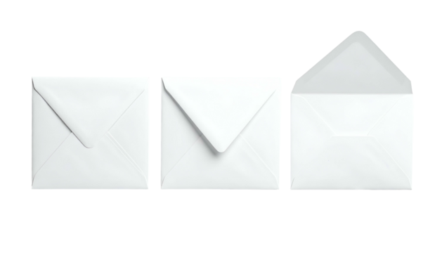 Three white, square envelopes in stages, one closed, one partially, one open