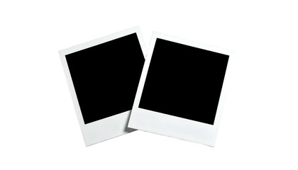 Two blank, white-bordered photo frames overlapping slightly on a black background, shadowed
