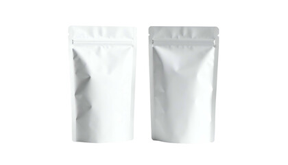 Two white, blank, foil-like, stand-up pouches with zip closures, against a black background