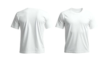 Two blank white t-shirts, front and back views, isolated on a black background