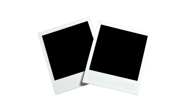 Two blank, white-bordered photo frames overlapping slightly on a black background, shadowed