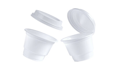 Isolated, pristine white single-serving cups with lids, suggesting portability and convenience