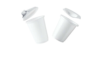 Two white yogurt containers with lids open, floating against a black background