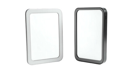 Two electronic devices with rounded corners and bright, white screens against a dark background