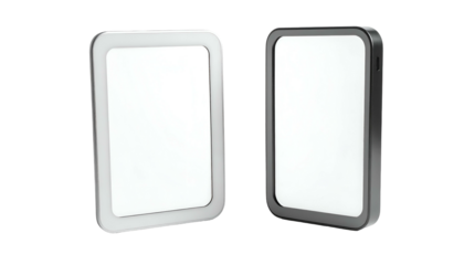 Two electronic devices with rounded corners and bright, white screens against a dark background
