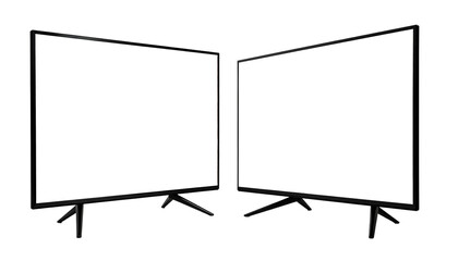 Two blank, angled, modern black screens on stands, facing opposite directions against a black background