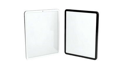 Two tablet computers, one white and one black, isolated against a dark background