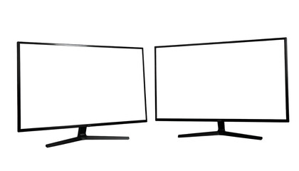 Two black monitors side-by-side with blank white screens against a black background