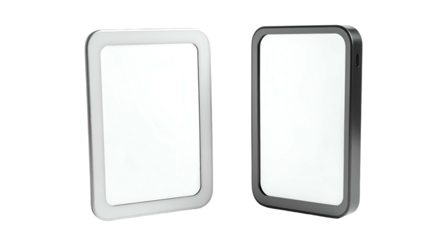 Two electronic devices with rounded corners and bright, white screens against a dark background