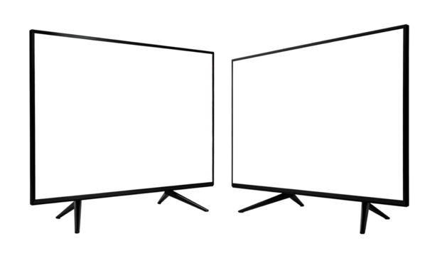 Two blank, angled, modern black screens on stands, facing opposite directions against a black background