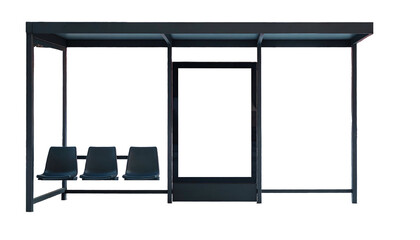 A modern, dark bus shelter with seating, blank ad space, and a sleek, minimalist design