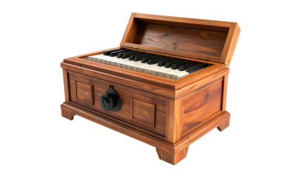 Wooden piano-keyboard chest, top open, retro, vintage instrument