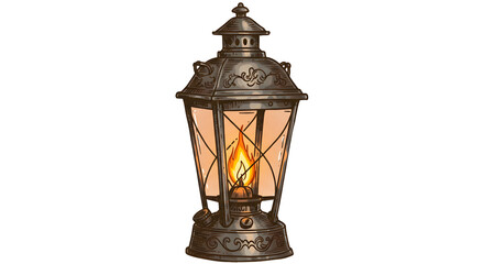 Ornate lantern with illuminated flame on transparent background