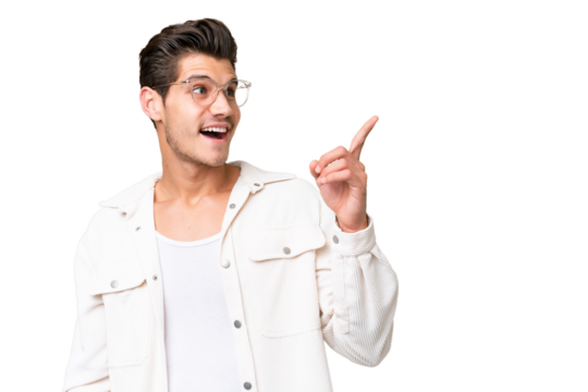 Young handsome caucasian man over isolated background intending to realizes the solution while lifting a finger up - Powered by Adobe