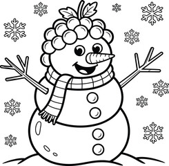 snowman with broom, coloring pages for kids , black and white line art 