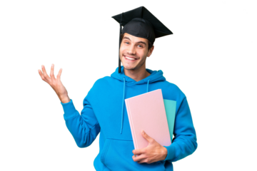 Young university graduate man over isolated background extending hands to the side for inviting to come