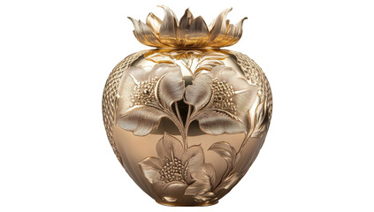 Gold vase with floral relief on black background, with petal-shaped top