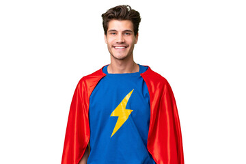 Super Hero caucasian man over isolated background laughing