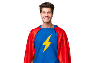 Super Hero caucasian man over isolated background laughing