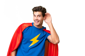 Super Hero caucasian man over isolated background listening to something by putting hand on the ear