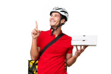 Pizza delivery man with work uniform picking up pizza boxes over isolated background pointing up a great idea