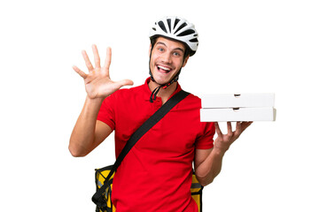 Pizza delivery man with work uniform picking up pizza boxes over isolated background counting five with fingers