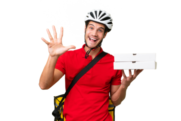 Pizza delivery man with work uniform picking up pizza boxes over isolated background counting five with fingers