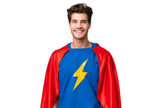 Super Hero caucasian man over isolated background laughing