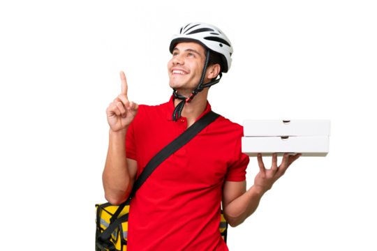 Pizza delivery man with work uniform picking up pizza boxes over isolated background pointing up a great idea - Powered by Adobe