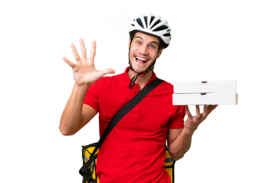 Pizza delivery man with work uniform picking up pizza boxes over isolated background counting five with fingers