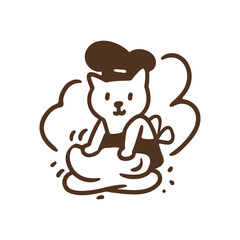 Cute cat baker wearing apron and chef hat knead fresh dough bread bakery, cartoon playful animal character simple bold line illustration element