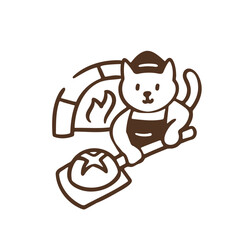 Cute cat baker wearing apron and chef hat serving fresh from the oven cooked warm bakery bun bread, cartoon playful animal character simple bold line illustration element