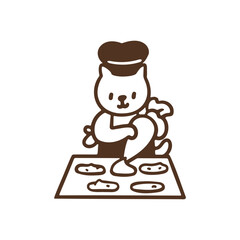 Cute cat baker wearing apron and chef hat bake puffed buns use piping bag and baking tray, cartoon playful animal character simple bold line illustration element
