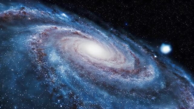 A vast spiral galaxy with a bright core and swirling arms, dotted with stars against a black cosmos