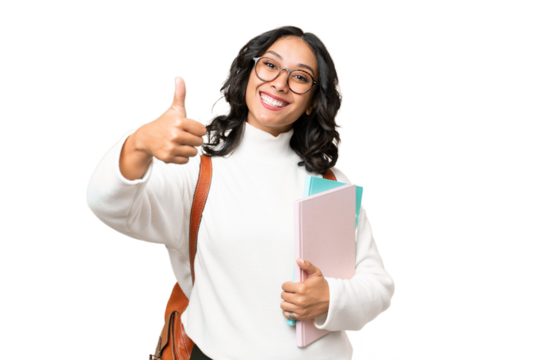 Young Argentinian student woman over isolated background with thumbs up because something good has happened